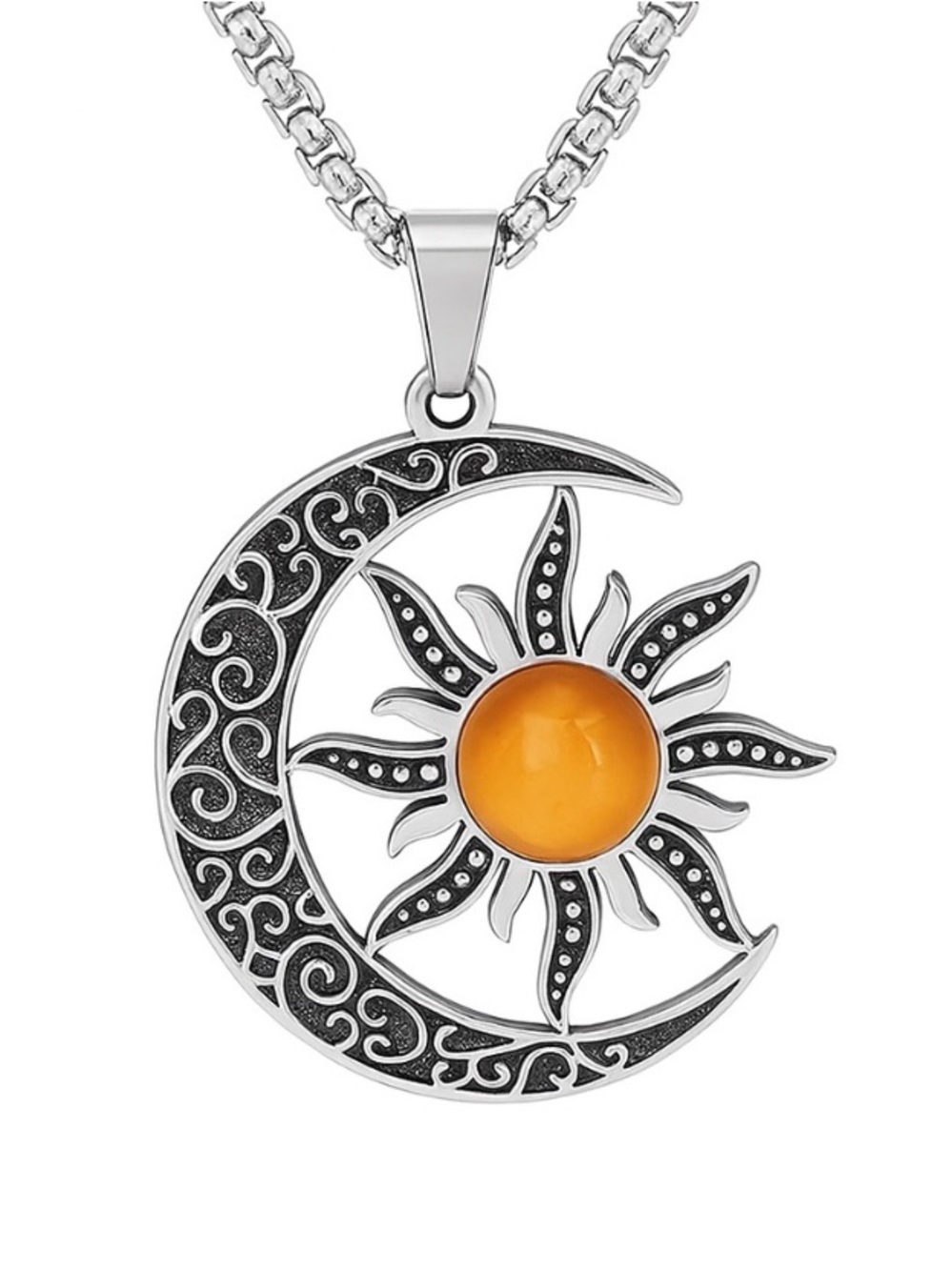 Stainless Steel Sun Moon Pendant Necklace Celestial 24” Chain